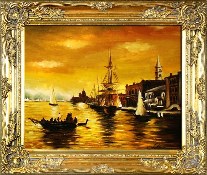 Gemälde Venedig Hafen Handarbeit Schiff Ölbild Bild Ölbilder Rahmen Bilder 00083