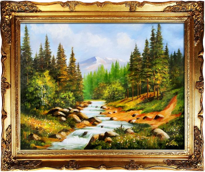 Gemälde Natur Wald Fluss Handarbeit Ölbild Bild Ölbilder Rahmen Bilder G03424