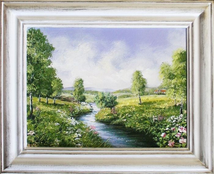 Gemälde Natur Weide Fluss Handarbeit Ölbild Bild Ölbilder Rahmen Bilder G06393