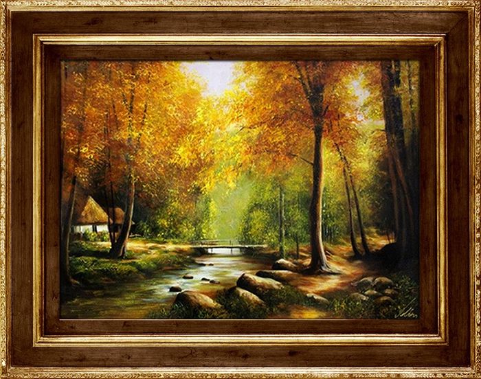 Gemälde Natur Wald Brücke Handarbeit Ölbild Bild Ölbilder Rahmen Bilder G93961