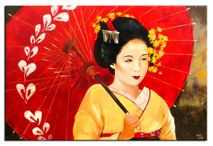 Japan Mädchen Dame mit Schirm Echte Handarbeit Rahmen Öl Gemälde Bilder G01357