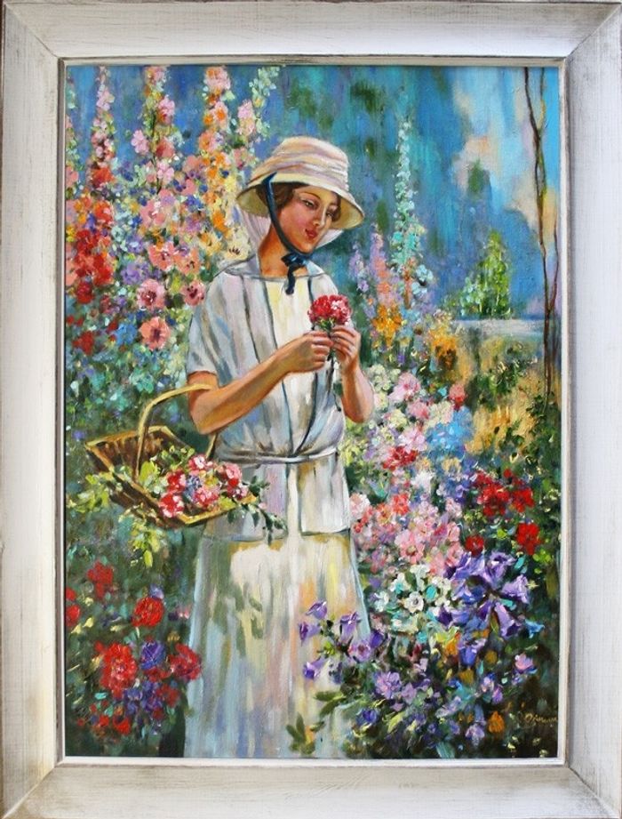 Dame im Garten Farbenfroh Echte Handarbeit Rahmen Öl Gemälde Bild Bilder G06788