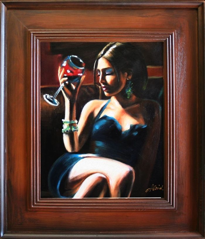 Portrait Dame mit Glas Wein Echte Handarbeit Rahmen Öl Gemälde Bild Bilder 06807