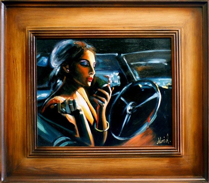 Dame im Auto Sexy Echte Handarbeit Rahmen Öl Gemälde Bild Bilder G15789