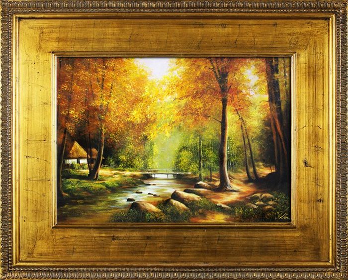Gemälde Natur Wald Brücke Handarbeit Ölbild Bild Ölbilder Rahmen Bilder G16674
