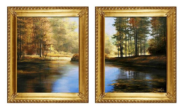 2x Gemälde See Wald Natur Handarbeit Ölbild Bild Ölbilder Rahmen Bilder G94114
