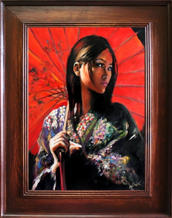 Japanische Dame Japan Schirm Echte Handarbeit Rahmen Öl Gemälde Bilder G06823