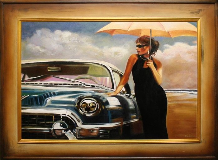 Cadillac Women Strand Echte Handarbeit Rahmen Öl Gemälde Bild Bilder G15166