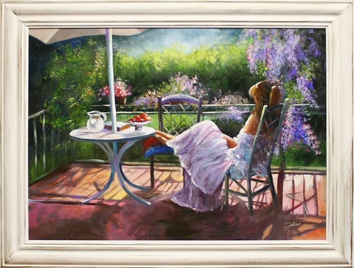 Terrasse Bild Frau Buntes Echte Handarbeit Rahmen Öl Gemälde Bild Bilder G15309