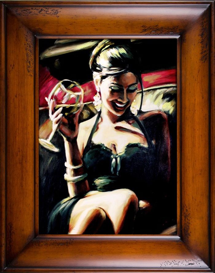 Dame mit Sekt Glas Ölbild Echte Handarbeit Rahmen Öl Gemälde Bild Bilder G16942