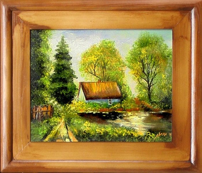 Gemälde Natur Hütte Wald Handarbeit Ölbild Bild Ölbilder Rahmen Bilder G15397
