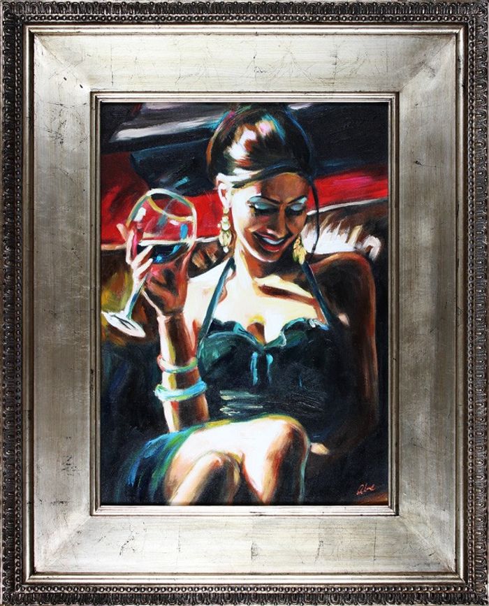 Dame mit Sekt Glas Ölbild Echte Handarbeit Rahmen Öl Gemälde Bild Bilder G16630