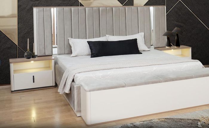 Schlafzimmer Set Polsterbett Bett Nachttische Mit Beleuchtung Beige