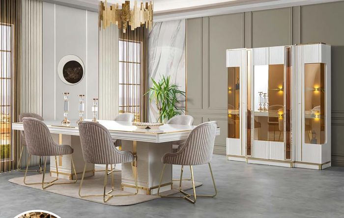 Esstisch Stühle Vitrine Weiß Essgarnitur Essgruppe Esszimmer 8tlg. Set