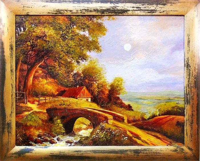 Gemälde Natur Wald Brücke Handarbeit Ölbild Bild Ölbilder Rahmen Bilder G00400