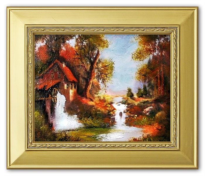 Gemälde Natur Hütte Wald Handarbeit Ölbild Bild Ölbilder Rahmen Bilder G01312