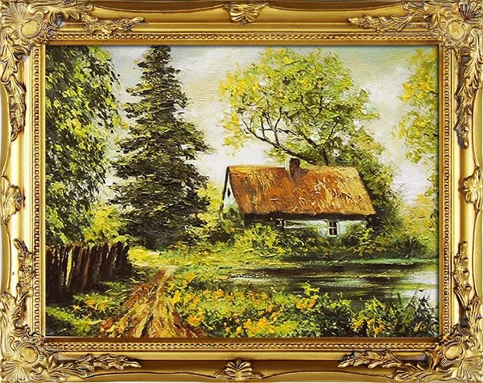 Gemälde Natur Hütte Wald Handarbeit Ölbild Bild Ölbilder Rahmen Bilder G01959