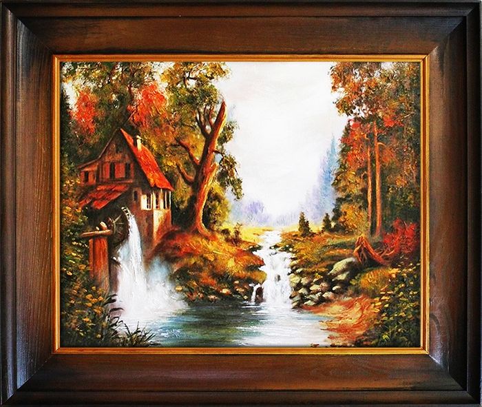 Gemälde Natur Hütte Wald Handarbeit Ölbild Bild Ölbilder Rahmen Bilder G01966