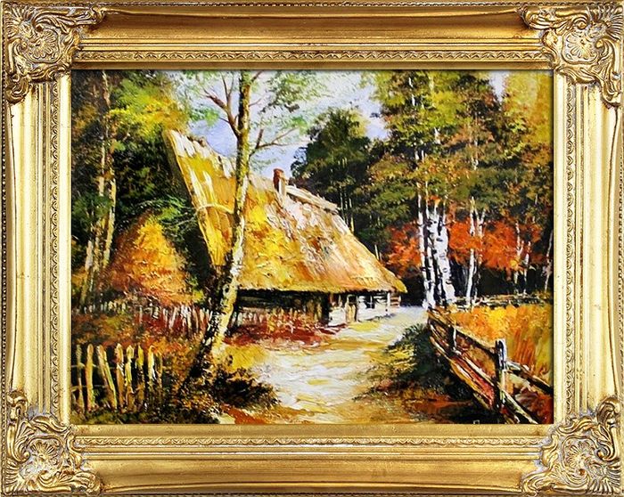 Gemälde Natur Hütte Wald Handarbeit Ölbild Bild Ölbilder Rahmen Bilder G03384