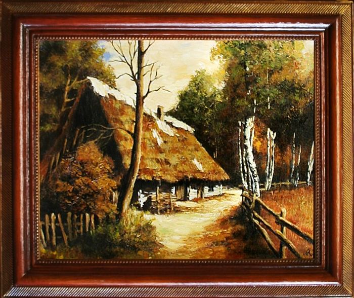 Gemälde Natur Hütte Wald Handarbeit Ölbild Bild Ölbilder Rahmen Bilder G06252
