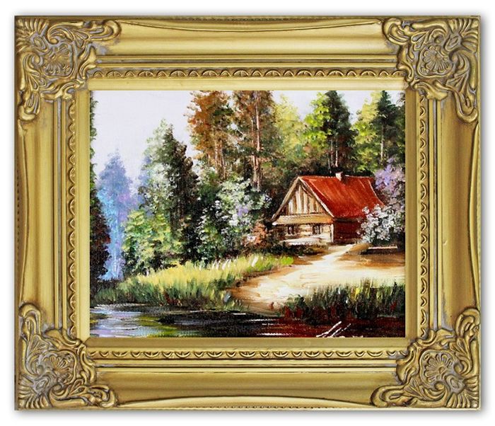 Gemälde Natur Hütte Wald Handarbeit Ölbild Bild Ölbilder Rahmen Bilder G16966