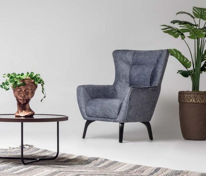 Grau Sessel Ohrensessel Wohnzimmer Stoffsessel Polster Einsitzer Holz