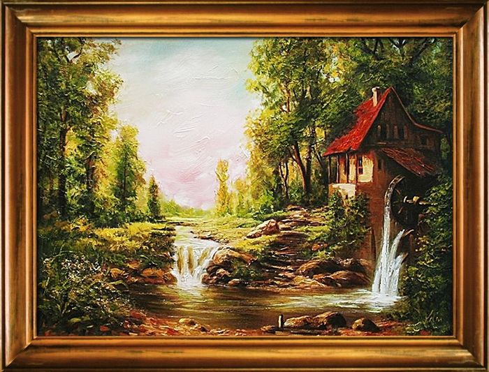 Gemälde Natur Hütte Wald Handarbeit Ölbild Bild Ölbilder Rahmen Bilder G01849