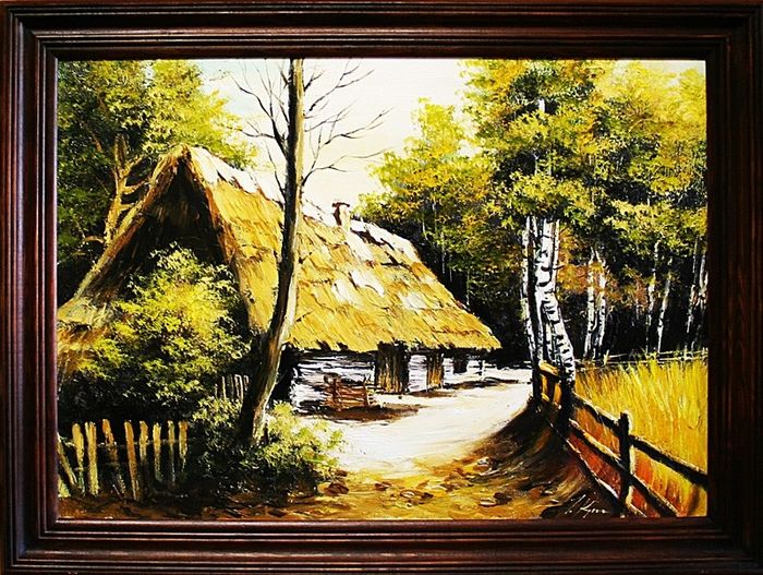 Gemälde Natur Hütte Wald Handarbeit Ölbild Bild Ölbilder Rahmen Bilder G03342