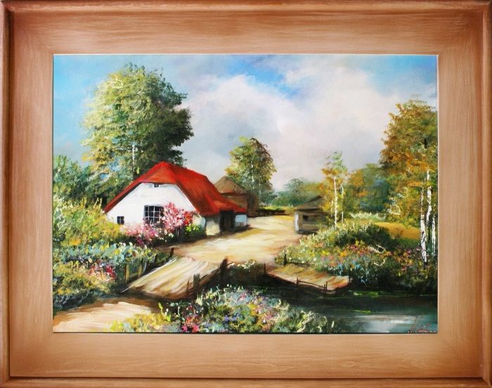 Bauernhof Landschaft Gemälde Handarbeit Ölbild Bild Ölbilder Rahmen BilderG14983
