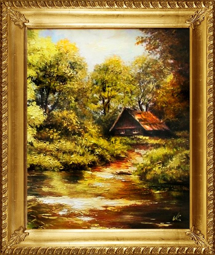 Gemälde Natur Hütte Wald Handarbeit Ölbild Bild Ölbilder Rahmen Bilder G94095