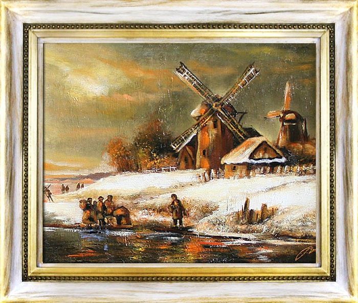 Mühle Winter Armut Gemälde Handarbeit Ölbild Bild Ölbilder Rahmen Bilder G94111