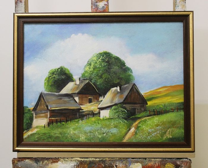 Bauernhof Landschaft Gemälde Handarbeit Ölbild Bild Ölbilder Rahmen BilderG96329