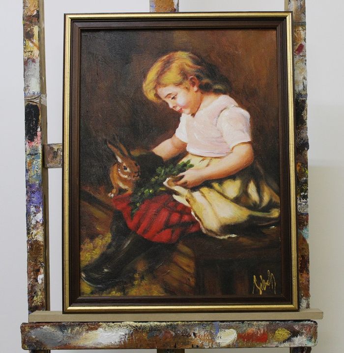 Mädchen mit Kaninchen Malerei Leinwand Handarbeit Rahmen Öl Gemälde BilderG96351