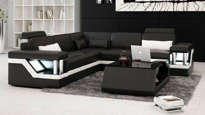 LEDERSOFA XXL GARNITUR WOHNLANDSCHAFT ECKCOUCH LEDER ECKSOFA SCHWARZ / WEIß
