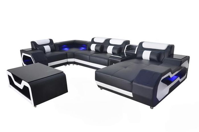 Leder Sofa Couch Polster Eck Garnitur Moderne Wohnlandschaft Tisch + USB + LED
