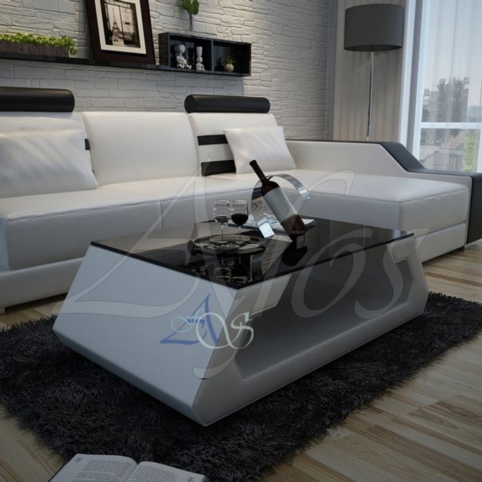 Designer Couchtisch Polster Tisch Leder Glas Moderner Tisch Glastische (Hamburg)