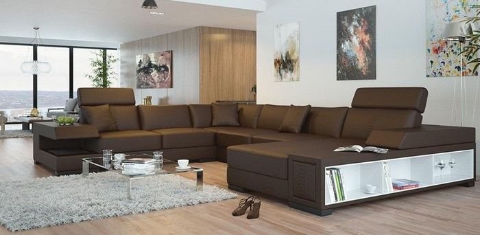 Ecksofa U Form Sofa Couch Polster Ecksofa Wohnlandschaft Ledersofa Badra "Braun
