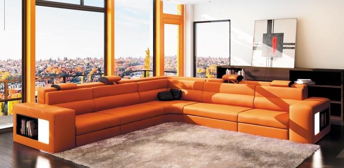 Ledersofa Sofa Couch Ecksofa Sitz Polster Wohnlandschaft XXL Big Weiden Orange