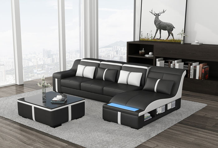 Eck Sofa USB Polster Eck Sitz Leder Garnitur Beleuchtet L Form Wohnlandschaft