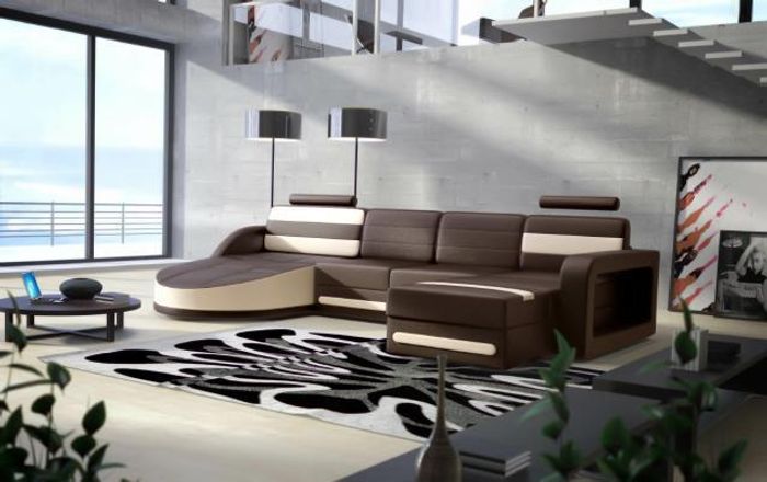 WOHNLANDSCHAFT LEDERSOFA XXL ECKSOFA COUCH GARNITUR DESIGN ECKCOUCH Braun-Beige