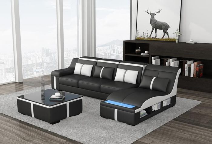 Eck Sofa Couch Polster Eck Sitz L Form Leder Garnitur Wohnlandschaft Beleuchtet