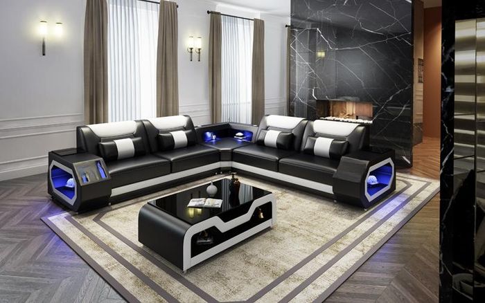 Ledersofa Couch Polster Designersofa Leder Sofas Sofa L-Form USB Soundboxen Neu
