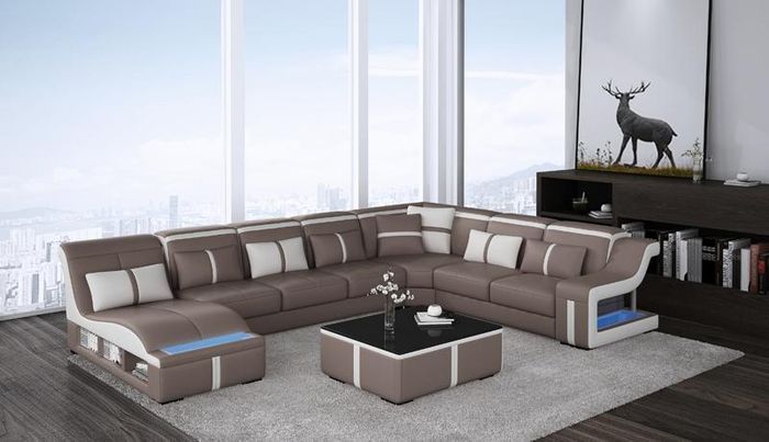 Luxus Sofa Eckcouch Design Wohnlandschaft Sofas Couch Eckgarnitur + Licht + USB