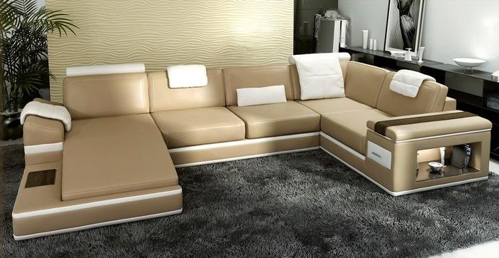 Ecksofa Sofa Beige USB Couch Polster Leder Garnitur Wohnlandschaft Ecke Wohn LED