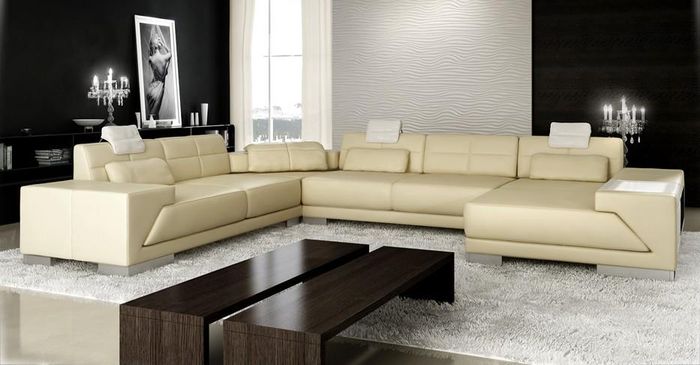 Ledersofa mit USB Couch Polster Ecke Wohnlandschaft Ecksofa Design Leder Neu LED