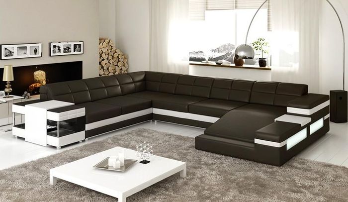 Ledersofa LED USB Sofa Couch Polster Ecke Wohnlandschaft Ecksofa Design Leder