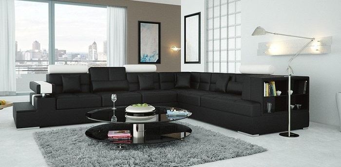 Wohnlandschaft Ecksofa Ledersofa mit USB Eck Couch Designer mit Regal Uster S/W