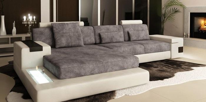 Ecksofa mit USB Polster Wohnlandschaft Garnitur Ecke Stoff Textil Sofa Grau Weiß