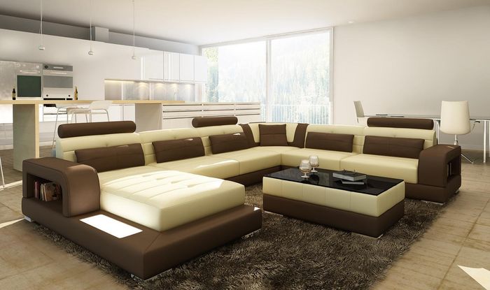 XXL Big Wohnlandschaft Sofa + USB Polster Eck Leder Sofas Garnitur Couchen LED
