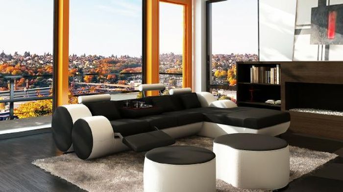 DESIGNER LEDERSOFA GARNITUR mit USB,LEDER ECKSOFA WOHNLANDSCHAFT LEDERCOUCH
